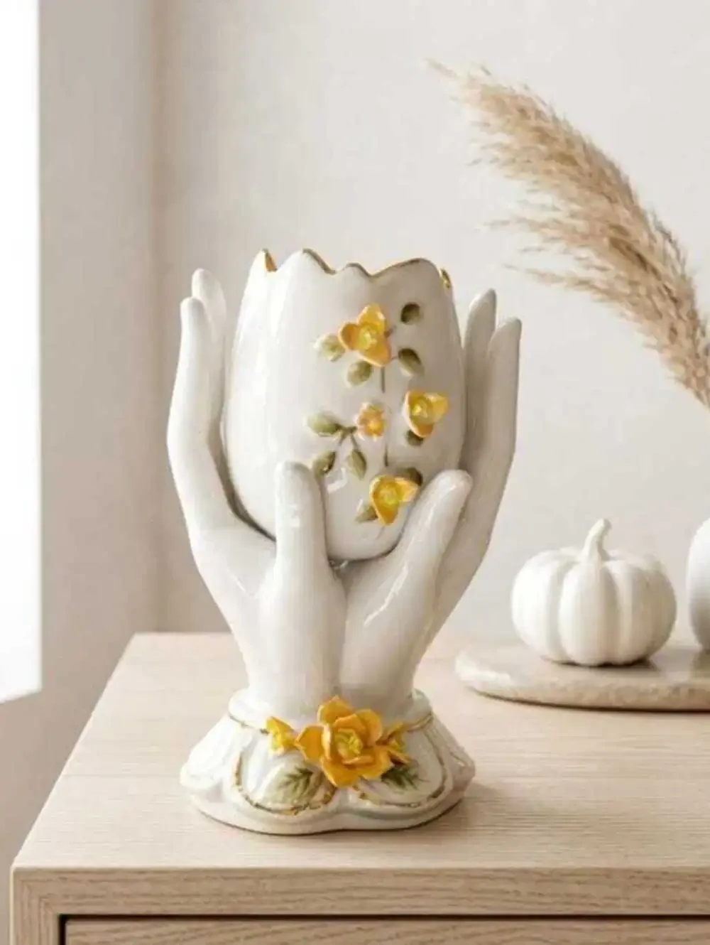 Vintage Japan Porcelain Hand Vase, Orange Floral Accent, Cottagecore Ring Holder